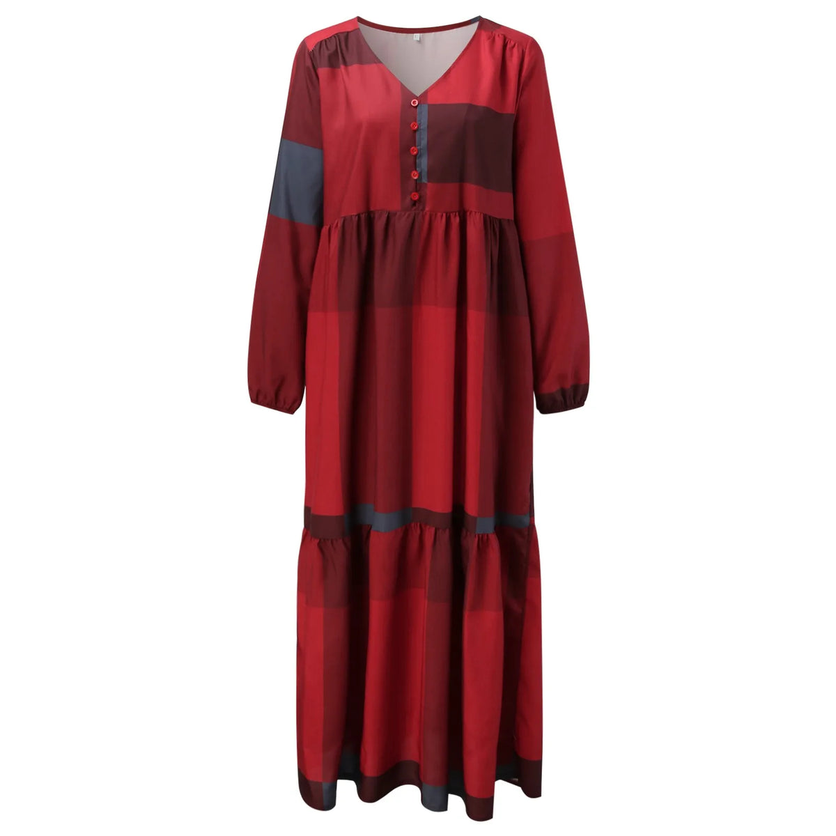 Paneled V-Neck Button Front Lantern Sleeve Tiered Pocket Maxi Dress