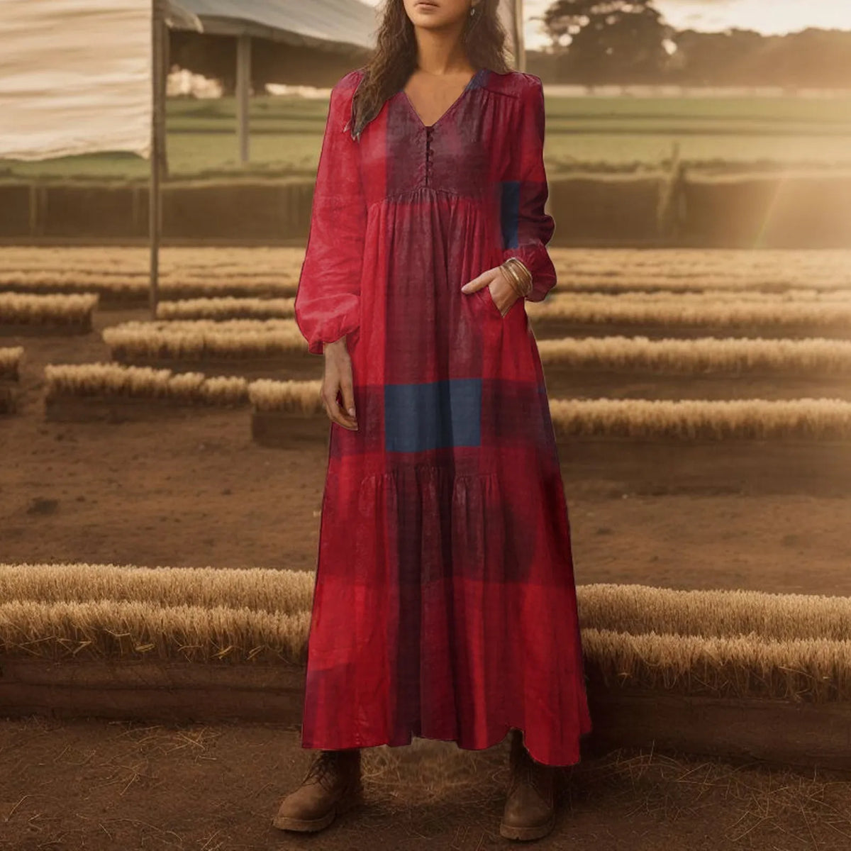 Paneled V-Neck Button Front Lantern Sleeve Tiered Pocket Maxi Dress
