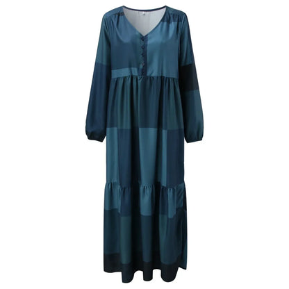 Paneled V-Neck Button Front Lantern Sleeve Tiered Pocket Maxi Dress