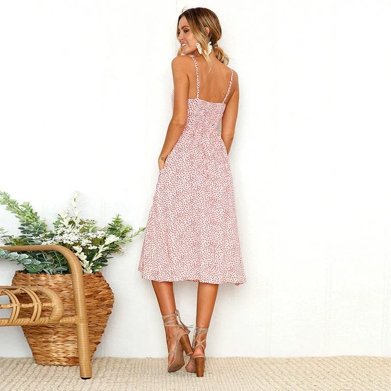 Ditsy Floral Print Spaghetti Strap Button Front Patch Pocket A-Line Midi Dress
