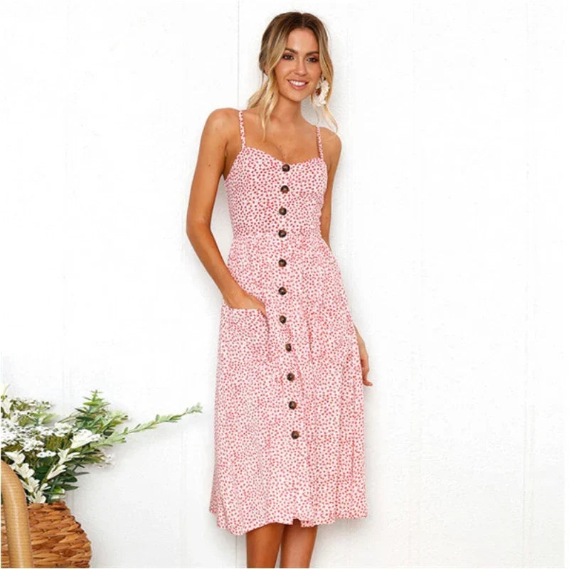 Ditsy Floral Print Spaghetti Strap Button Front Pocket Midi Dress