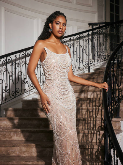 Beaded Chandelier Scoop Neck Sleeveless Column Maxi Gown