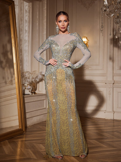 Illusion Mock Neck Rhinestone Fringe Mermaid Maxi Gown