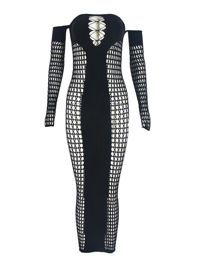 Off Shoulder Lace Up Cutout Fishnet Panel Maxi Dress