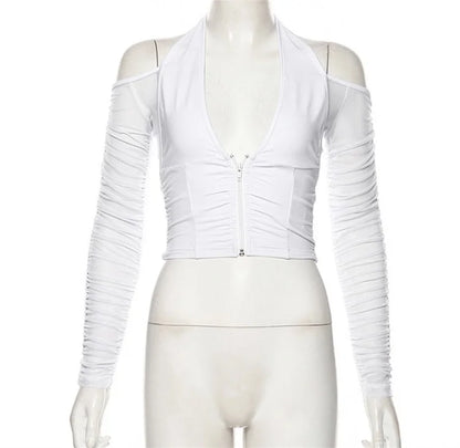 V-neck Mesh Cropped Summer See Through Long Sleeve Club T-shirts