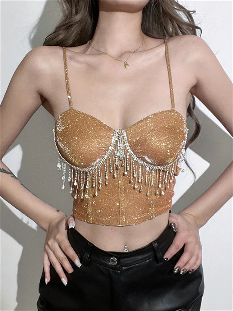 2024 Women Tube Rhinestones Tassels Sleeveless Suspender Strap Vest Push Up Diamonds Bustiers Corsets Crop Top