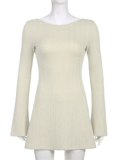 Cable Knit Boat Neck Bell Sleeve Bodycon Mini Dress
