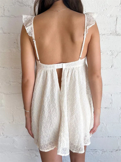 Eyelet Lace Bustier Ruffle Strap Empire Waist Babydoll Mini Dress