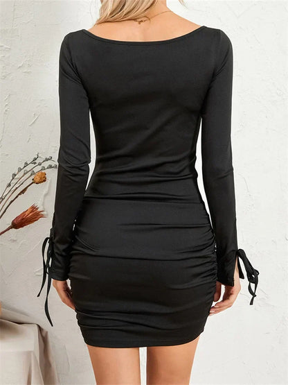 Twisted Sweetheart Neck Ruched Tie Cuff Long Sleeve Bodycon Mini Dress