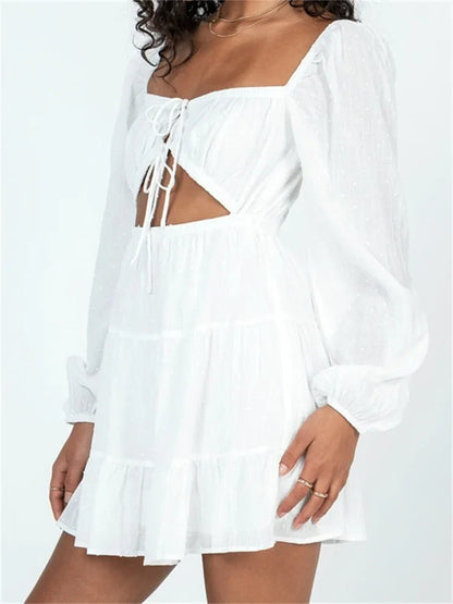 Spring Autumn Lace-Up Long Sleeve Mini Dresses