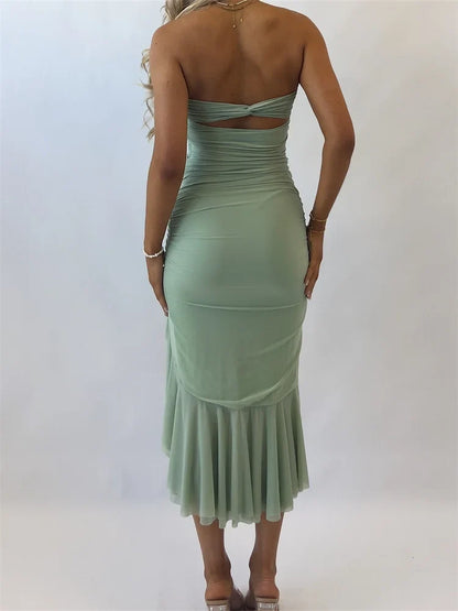 Summer Tube Strapless Off Shoulder Irregular Hem Ruffles Party Midi Dress