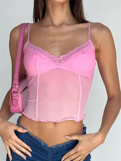 Fairy Women Sleeveless V-neck See-through Y2K Slim Mini Chic Aesthetics Crosets 2024 Crop Top