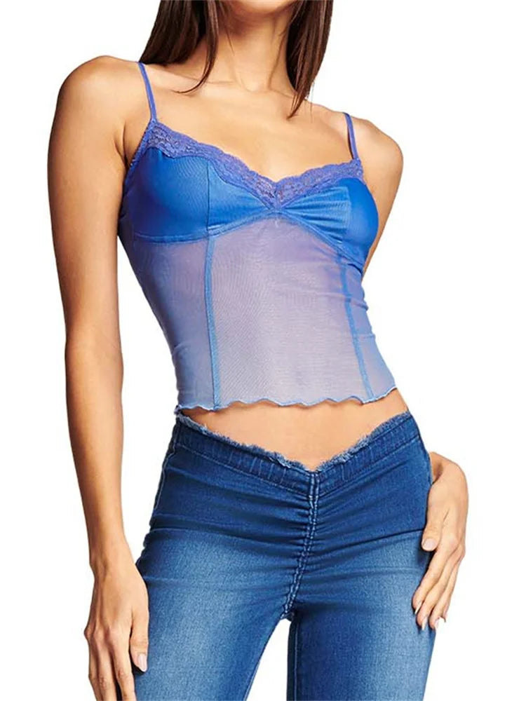 Fairy Women Sleeveless V-neck See-through Y2K Slim Mini Chic Aesthetics Crosets 2024 Crop Top