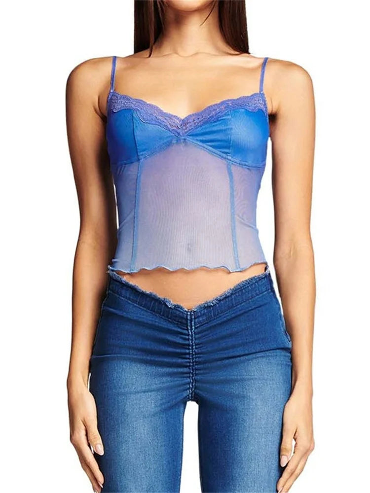 Fairy Women Sleeveless V-neck See-through Y2K Slim Mini Chic Aesthetics Crosets 2024 Crop Top
