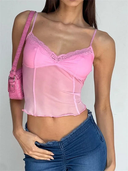 Fairy Women Sleeveless V-neck See-through Y2K Slim Mini Chic Aesthetics Crosets 2024 Crop Top