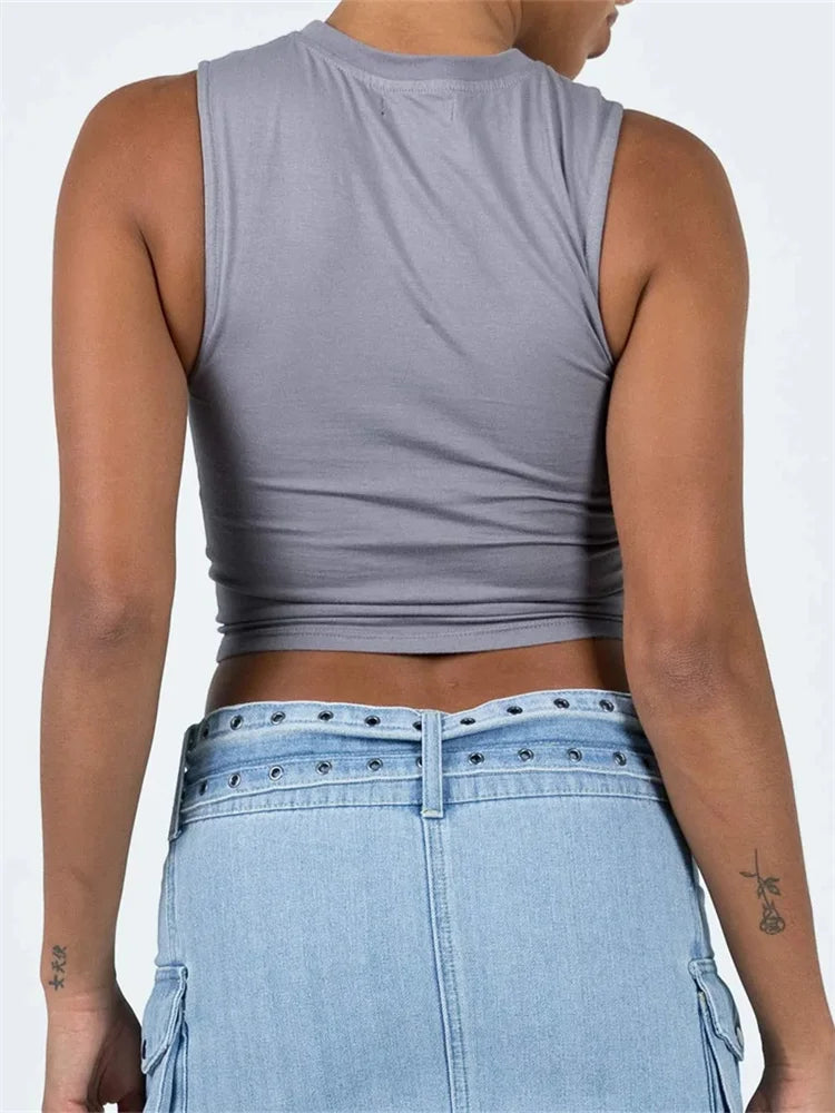 Front Irregular Zipper Summer Streetwear 2024 Sleeveless Slim Fit Solid Basic Mini Vest New Crop Top