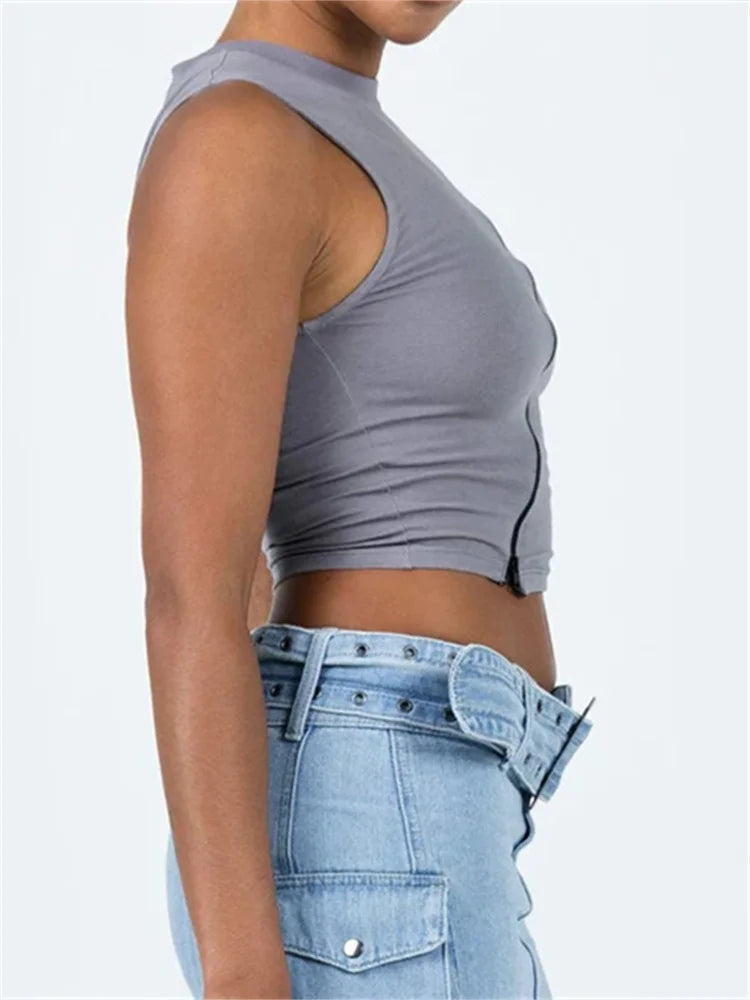 Front Irregular Zipper Summer Streetwear 2024 Sleeveless Slim Fit Solid Basic Mini Vest New Crop Top