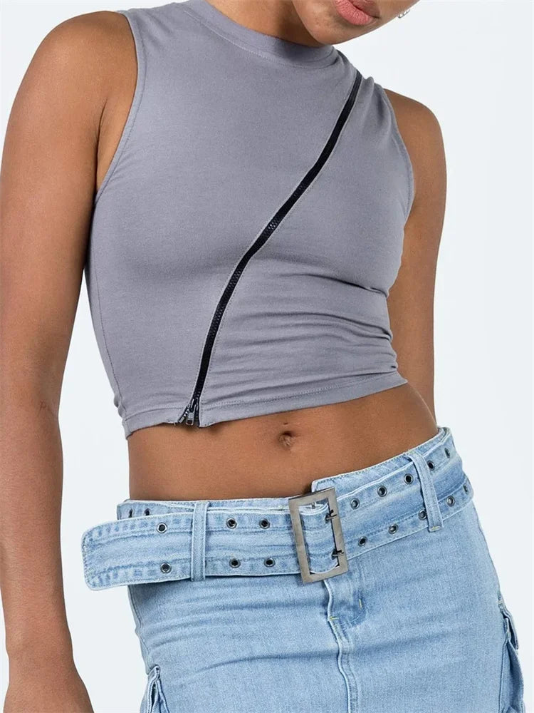 Front Irregular Zipper Summer Streetwear 2024 Sleeveless Slim Fit Solid Basic Mini Vest New Crop Top