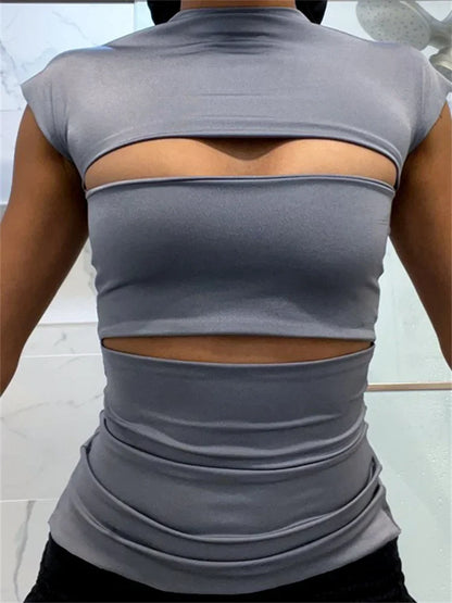 Hollow Out O Neck 2024 Slim Fit Basic Y2K T-shirts