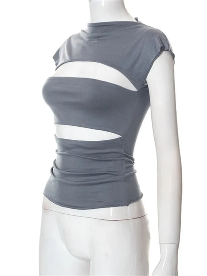 Hollow Out O Neck 2024 Slim Fit Basic Y2K T-shirts