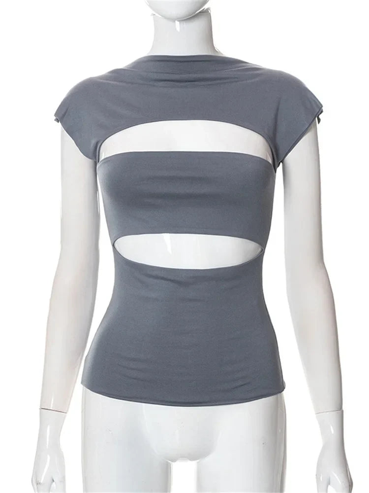 Hollow Out O Neck 2024 Slim Fit Basic Y2K T-shirts