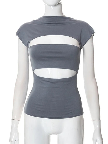 Hollow Out O Neck 2024 Slim Fit Basic Y2K T-shirts