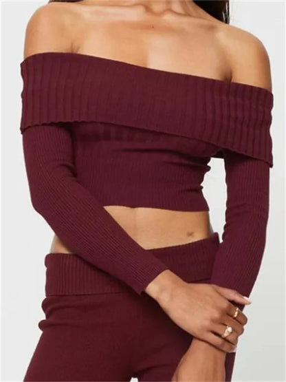 Knitted Ribbed Long Sleeve Crop Slash Neck Off Shoulder Slim Fit Solid T-shirts