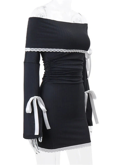 Off Shoulder Ribbed Knit Lace Trim Ribbon Bow Long Sleeve Mini Dress