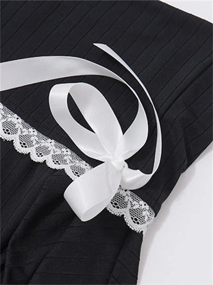 Off Shoulder Ribbed Knit Lace Trim Ribbon Bow Long Sleeve Mini Dress