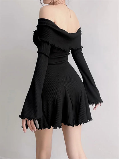 Off Shoulder Twist Front Ribbed Knit Lettuce Edge Bell Sleeve Mini Dress