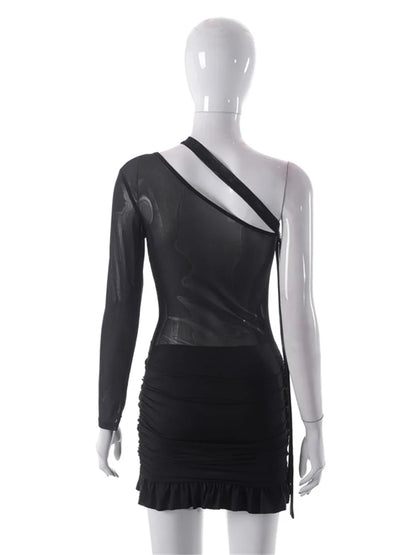 One Shoulder Mesh Cut Out Ruched Ruffle Hem Bodycon Mini Dress