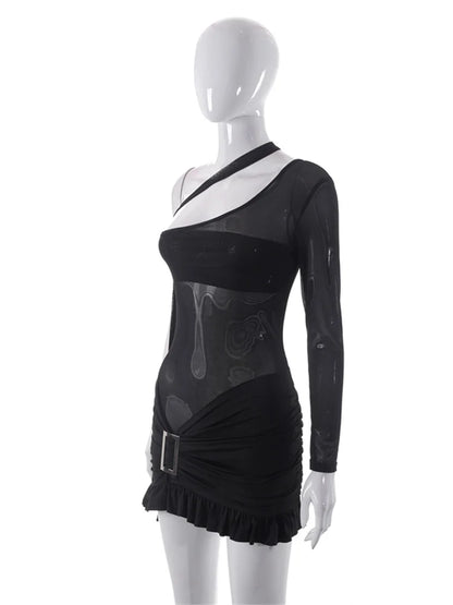 One Shoulder Mesh Cut Out Ruched Ruffle Hem Bodycon Mini Dress