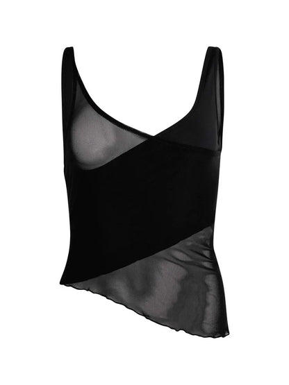 Mesh Sheer See Through Patchwork Exposed Navel Summer Streetwear Women Irregular Hem Black Mini Vests Crop Top