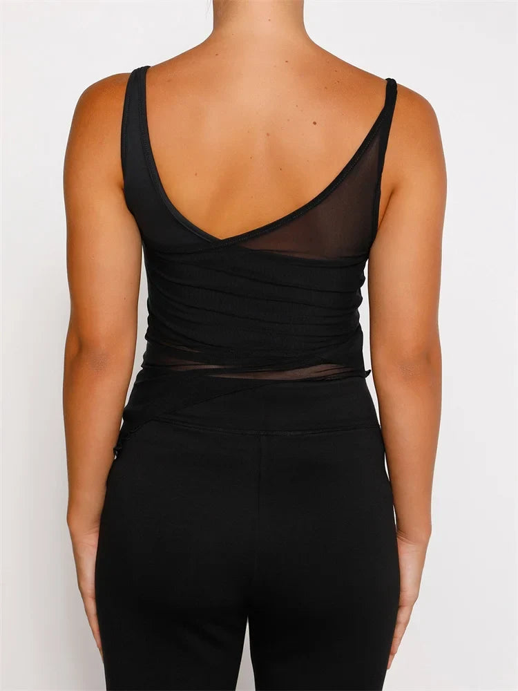 Mesh Sheer See Through Patchwork Exposed Navel Summer Streetwear Women Irregular Hem Black Mini Vests Crop Top