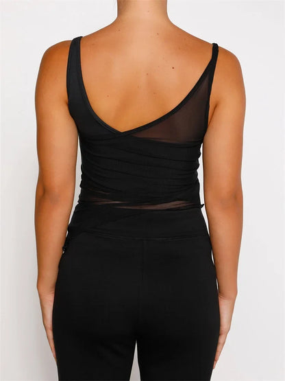 Mesh Sheer See Through Patchwork Exposed Navel Summer Streetwear Women Irregular Hem Black Mini Vests Crop Top