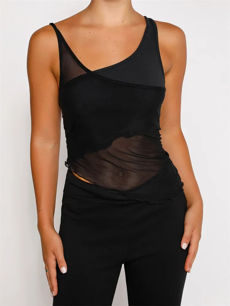 Mesh Sheer See Through Patchwork Exposed Navel Summer Streetwear Women Irregular Hem Black Mini Vests Crop Top