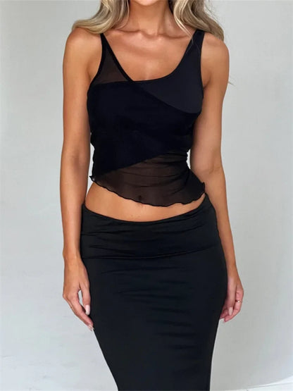 Mesh Sheer See Through Patchwork Exposed Navel Summer Streetwear Women Irregular Hem Black Mini Vests Crop Top