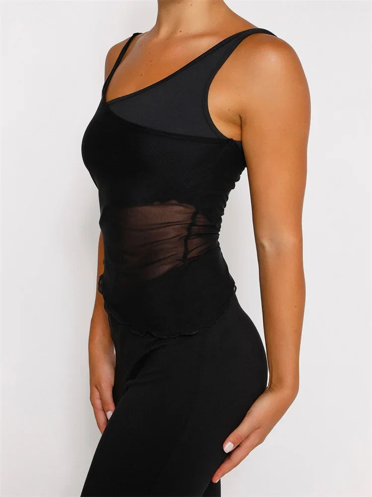 Mesh Sheer See Through Patchwork Exposed Navel Summer Streetwear Women Irregular Hem Black Mini Vests Crop Top