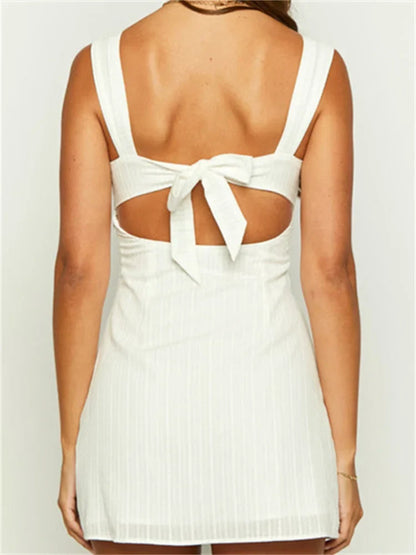 Square Neck Wide Strap Pleated Bodice Ribbon Bow Shoulder Mini Dress