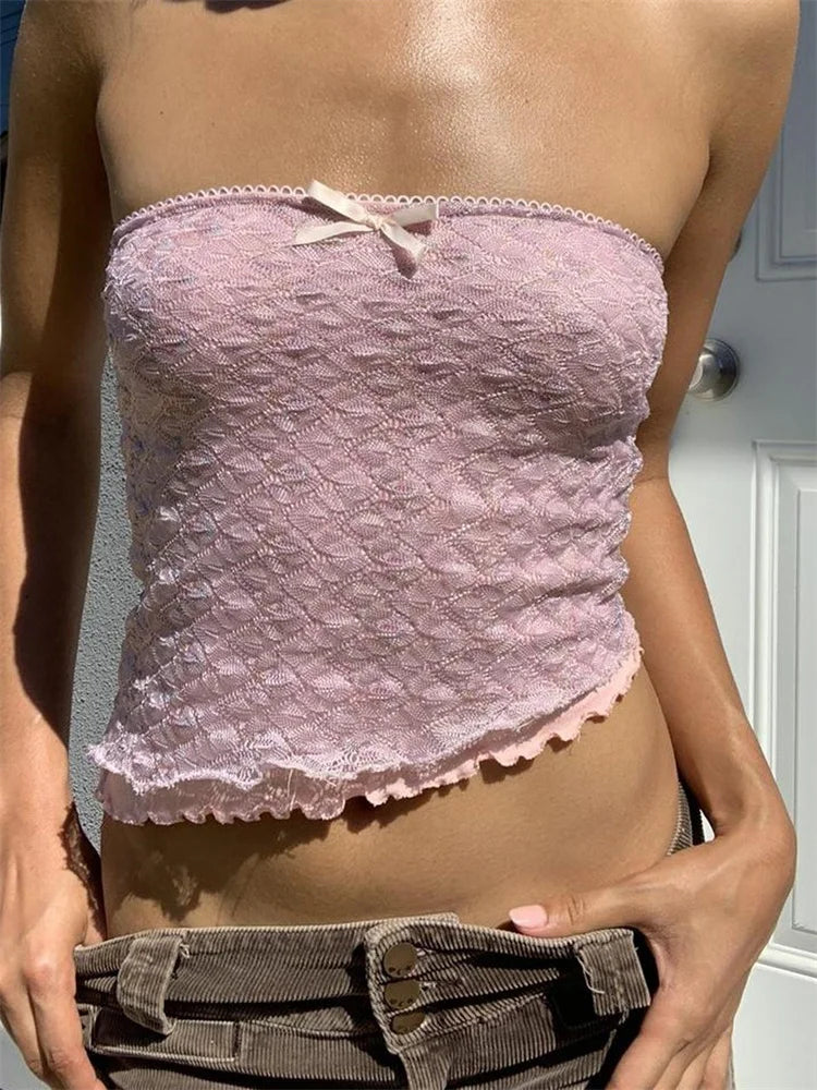 Retro Lace Patchwork Tube Y2K Strapless Off Shoulder Fairy Irregular Hem 2024 Crop Top