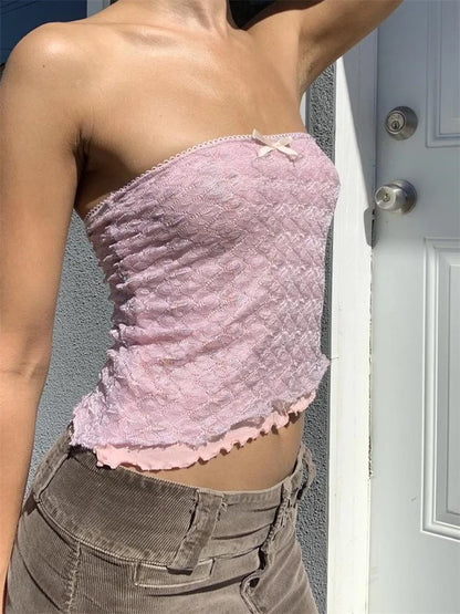 Retro Lace Patchwork Tube Y2K Strapless Off Shoulder Fairy Irregular Hem 2024 Crop Top