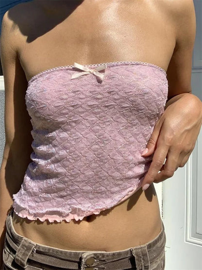 Retro Lace Patchwork Tube Y2K Strapless Off Shoulder Fairy Irregular Hem 2024 Crop Top