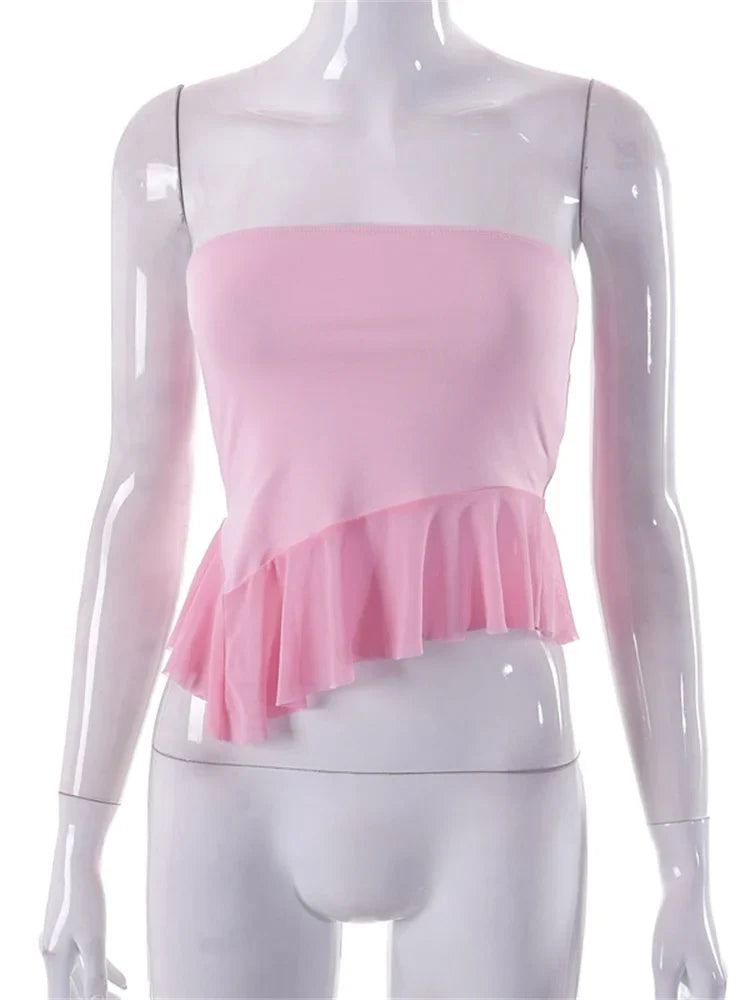 Retro Strapless Off Shoulder Tube Y2K Sleeveless Irregular Hem Ruffles Slim Fit Solid 2024 Crop Top