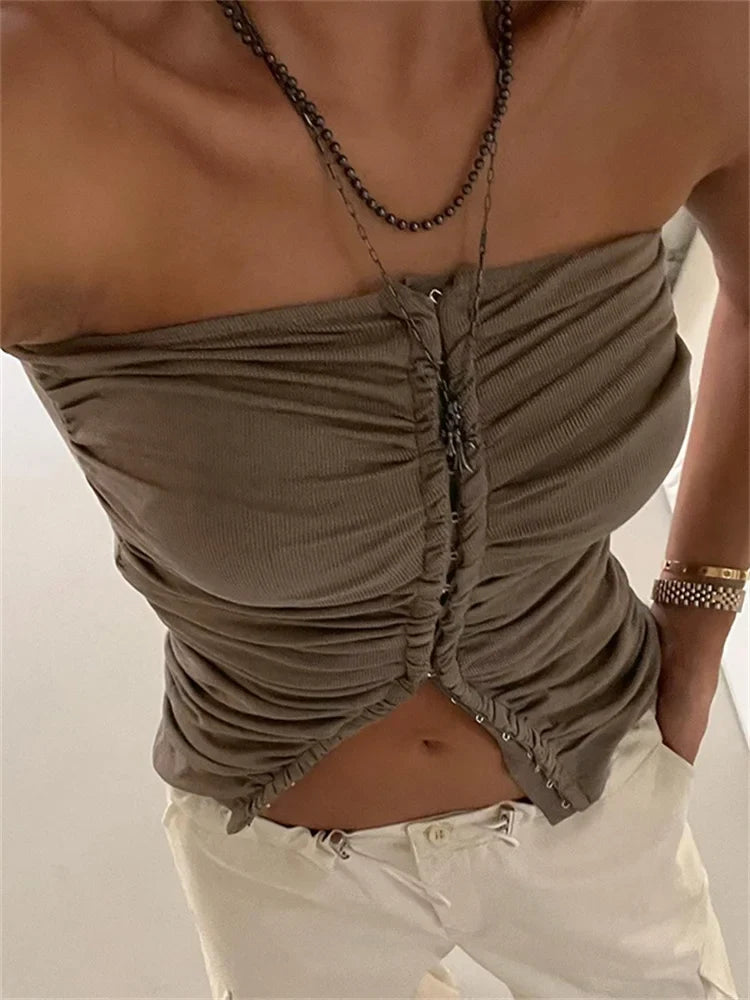Ruched Strapless Off Shoulder Tube Cropped Summer Clubwear 2024 Y2K Women Front Buttons Up Slim Vests Crop Top