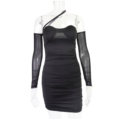 Mesh Long Sleeve Corset Sweetheart Neck Ruched Bodycon Mini Dress