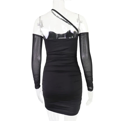 Mesh Long Sleeve Corset Sweetheart Neck Ruched Bodycon Mini Dress