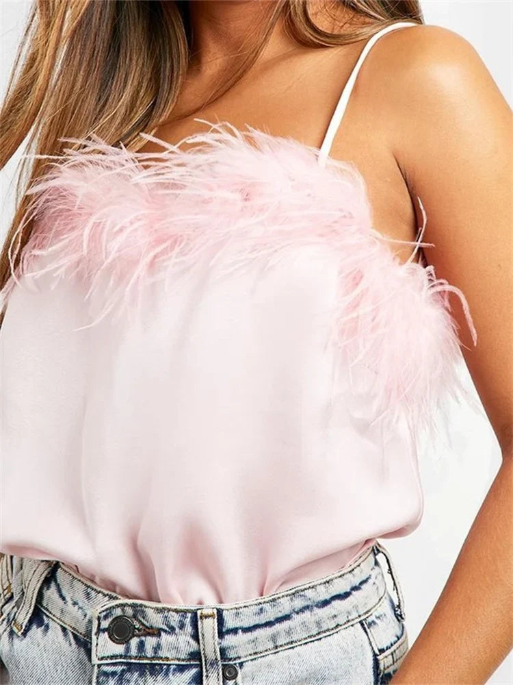 Women Elegant Sleeveless Strap Fur Patchwork Summer Vest Party Club Streetwear Solid Color 2024 Crop Top