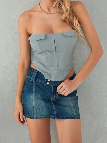 Women Corsets Solid Back Zip Up Summer Strapless Backless Bustiers Streetwear Aesthetic Exposed Navel Tank Crop Top