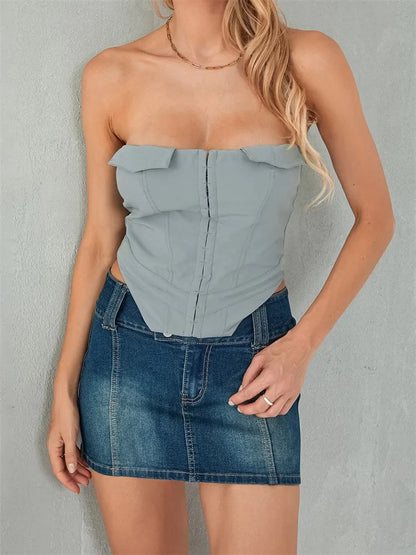Women Corsets Solid Back Zip Up Summer Strapless Backless Bustiers Streetwear Aesthetic Exposed Navel Tank Crop Top