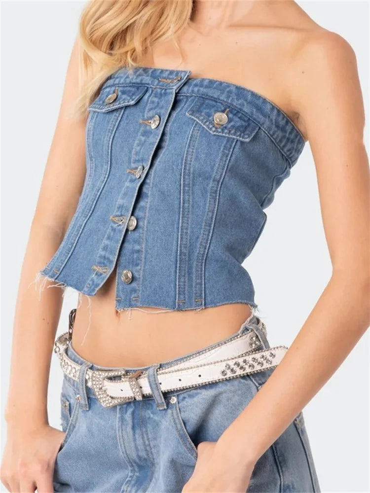 Women Denim Tube Strapless Slim Fit Button Down Bustiers Corsets Streetwear Summer Off Shoulder Vests Crop Top